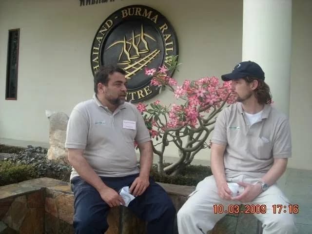 Conversation at the Thailand-Burma Railway Centre during a reflective stop on a 2009 business trip