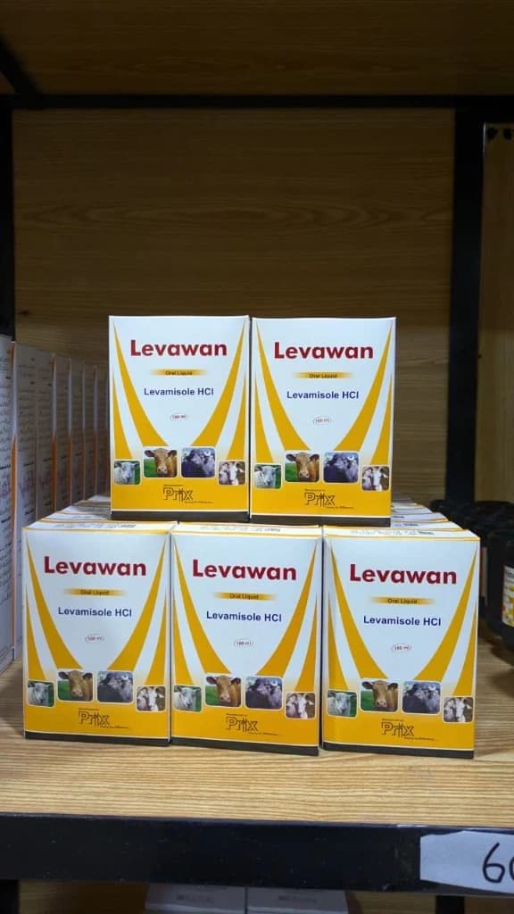 Levawan oral liquid levamisole HCl packaging by Prix Pharmaceutica