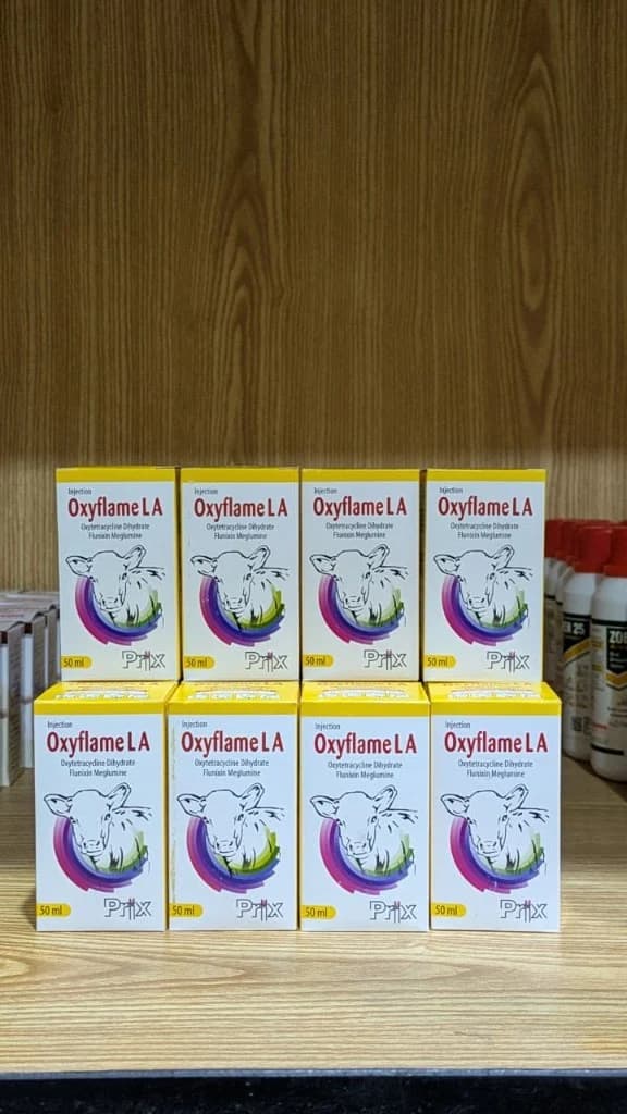 Oxyflame LA oxytetracycline dihydrate and flunixin meglumine injection packaging by Prix Pharmaceutica