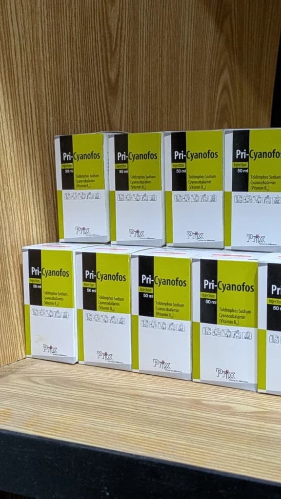 Pri-Cyanofos toldimphos sodium and cyanocobalamin injection packaging by Prix Pharmaceutica