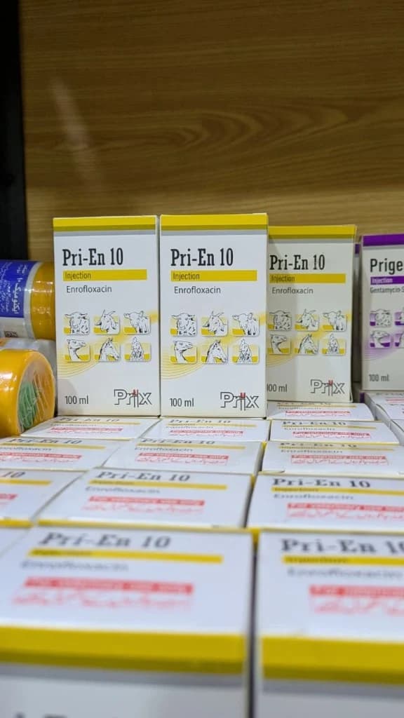 Pri-En 10 enrofloxacin injection packaging by Prix Pharmaceutica