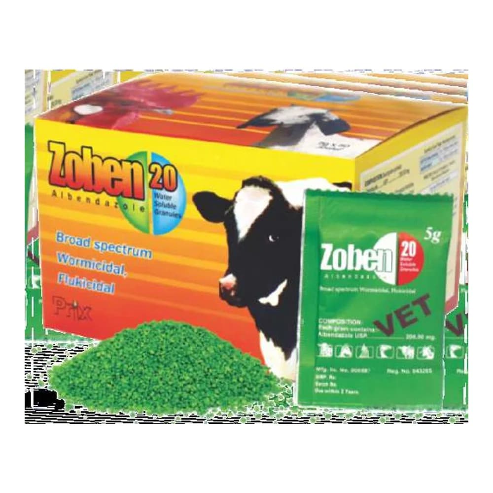 Zoben 20 albendazole water-soluble granules packaging by Prix Pharmaceutica