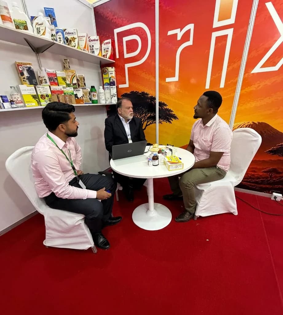 Veterinary products displayed at the Prix Pharmaceutica exhibition booth in Tanzania