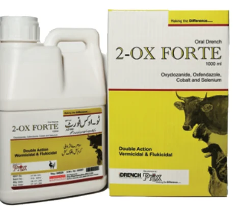 2-Ox Forte oxyclozanide and oxfendazole oral drench packaging by Prix Pharmaceutica