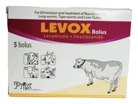 Levox levamisole and oxyclozanide bolus packaging by Prix Pharmaceutica