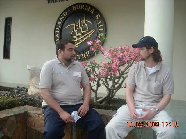 Conversation at the Thailand-Burma Railway Centre during a reflective stop on a 2009 business trip