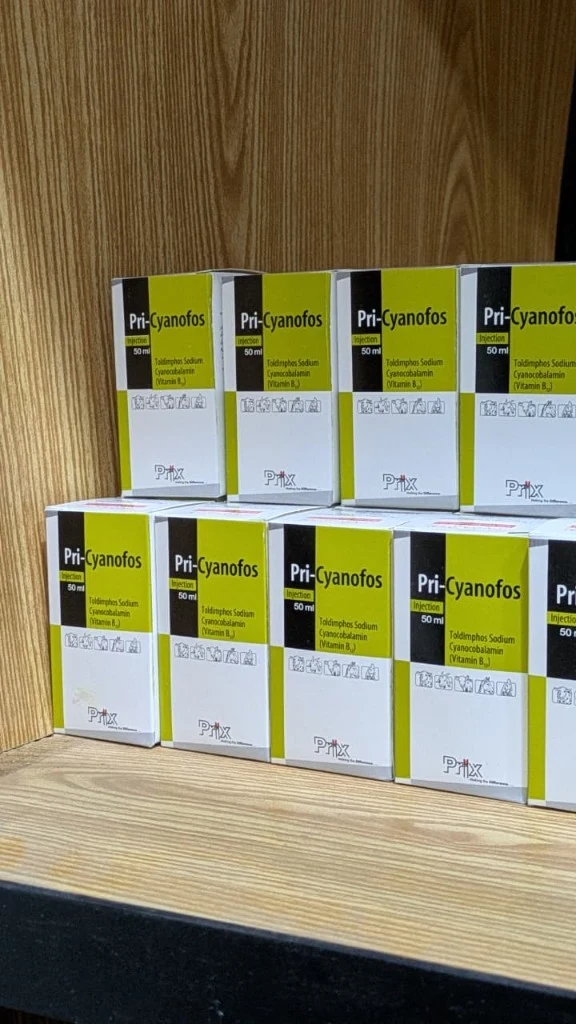 Pri-Cyanofos toldimphos sodium and cyanocobalamin injection packaging by Prix Pharmaceutica