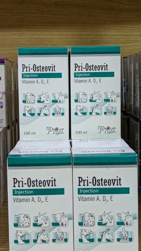 Pri-Osteovit vitamin A D3 E injection packaging by Prix Pharmaceutica